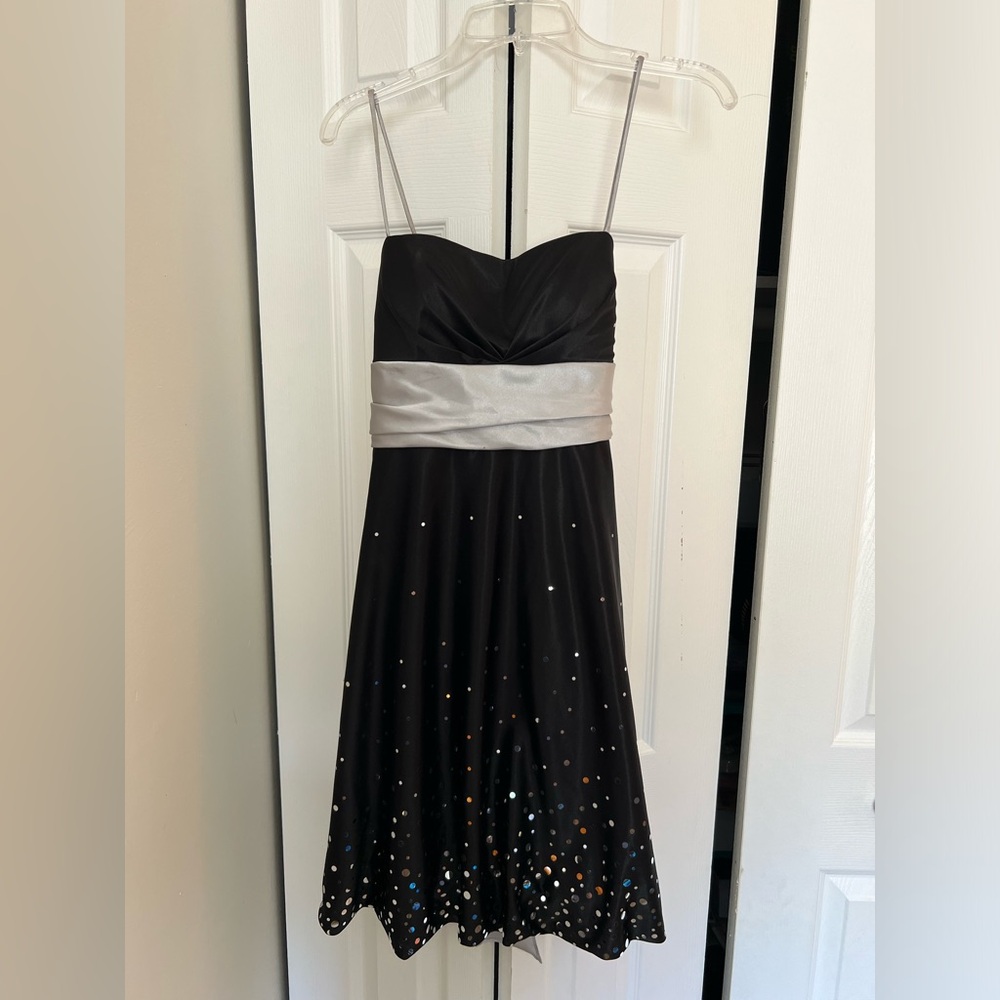 Black Silver Starry Sequin Homecoming Event Mini Dress Bow Spaghetti Strap